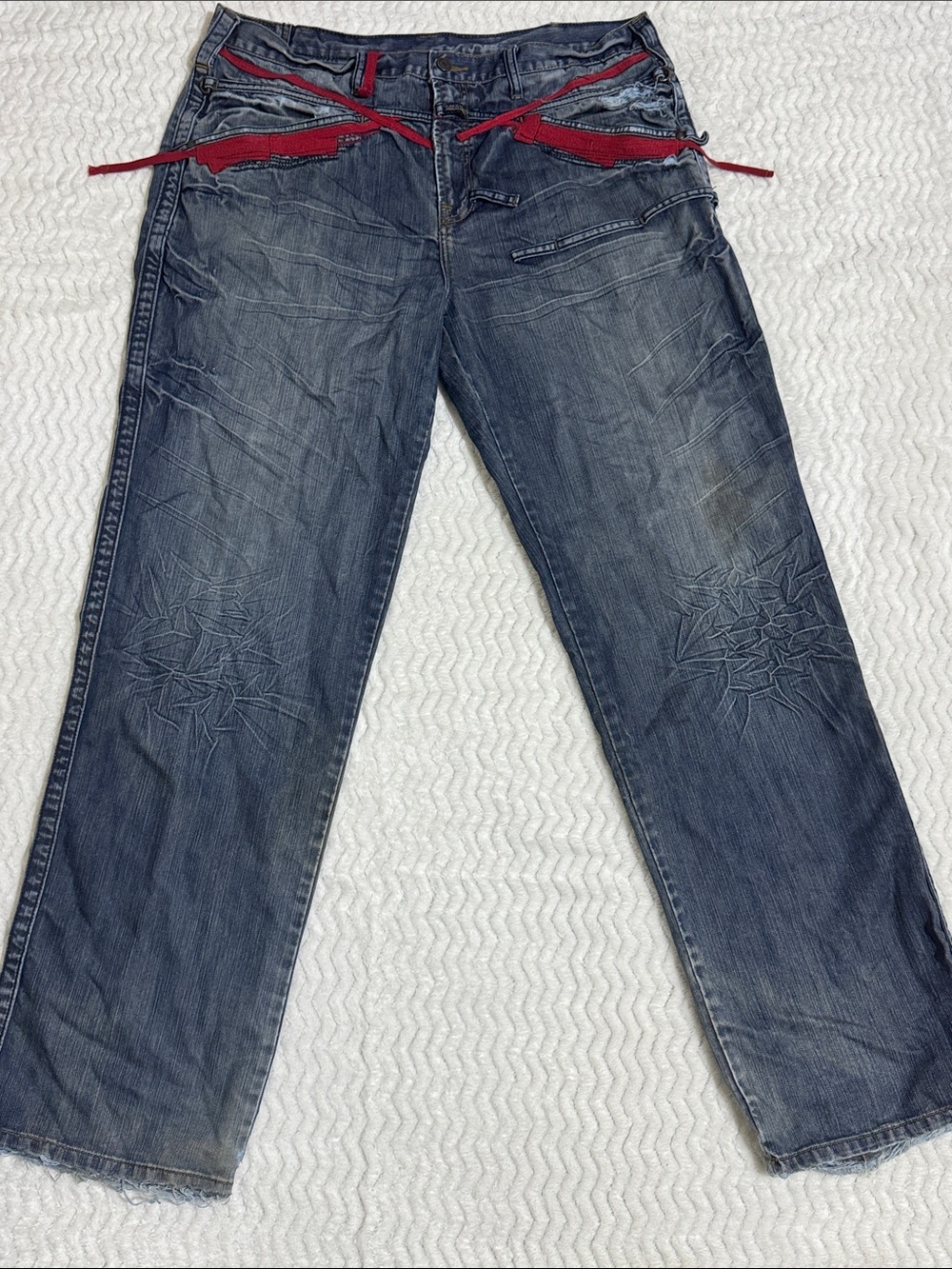 Marithe Francois Girbaud Jeans Mens 38M Blue Denim Red Straps Baggy Y2K Hip Hop